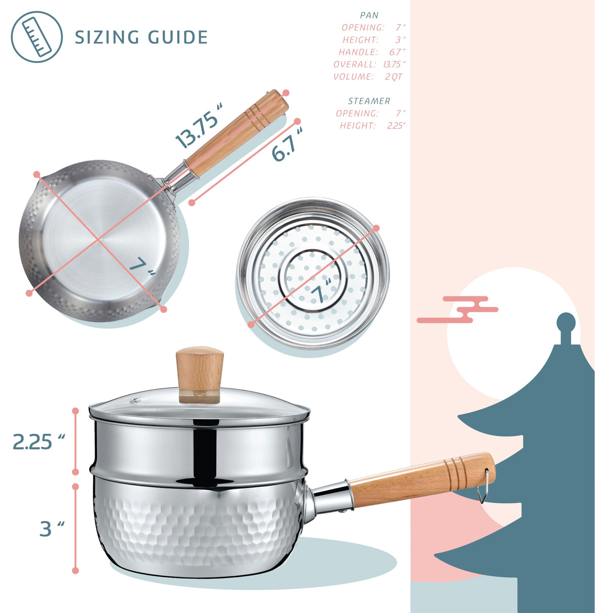 CONCORD 2 Quart Stainless Steel Yukihira Pan with Steamer. Traditional Japanese Saucepan with Wood Handle. Great for Ramen, Tempura pot, Milk, etc. Concord