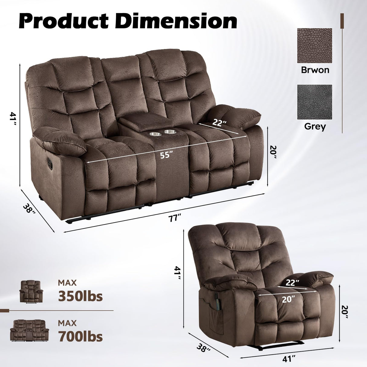 HAOMARKETS 2-Piece Recliner Sofa Set, Include Single Power Recliner Chair with Massage & Heat and Manual 2-Seater Loveseat Reclining Couch with Hidden Storage and Cup Holders for Living Room, Brown HAOMARKETS