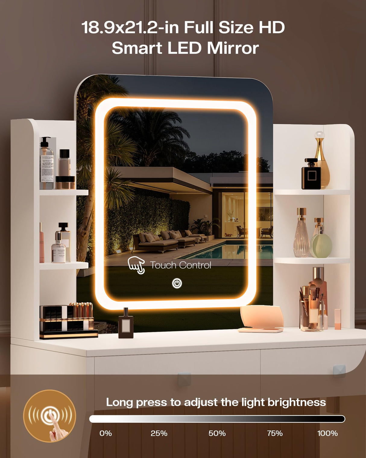 LIVELYGLOW Small Makeup Vanity Desk, 29.5" W x 15.8" D x 51.2" H, White (Smart LED Mirror, Hairdryer Rack, Power-Outlet, 5 Shelves, 2 Drawers) LIVELYGLOW