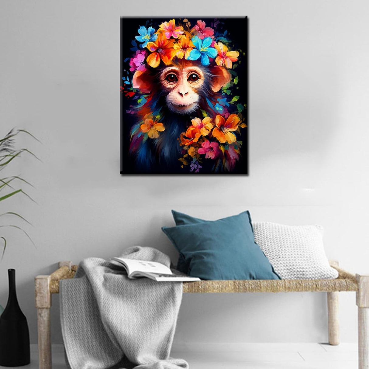 Tucocoo Monkey Flowers Paint by Numbers Kits 16x20 inch Canvas DIY Oil Painting for Adults with Brushes and Acrylic Pigment - Cute Animal Close-up Picture for Home Decor Gifts (Without Frame) Tucocoo