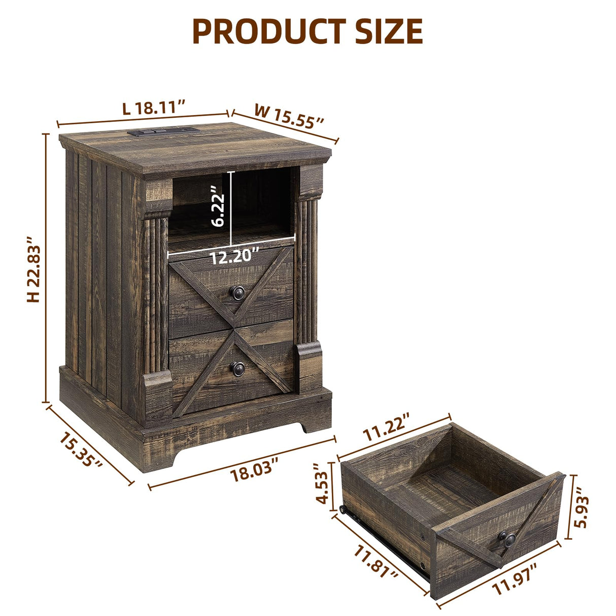 BuildHom Farmhouse Nightstand with Charging Station, 18" Modern Wood Side Table, 2 Drawers End Table & Roman Column Design for Living Room, Bedside Table with Open Shelf for Bed Room, Dark Rustic Oak BuildHom