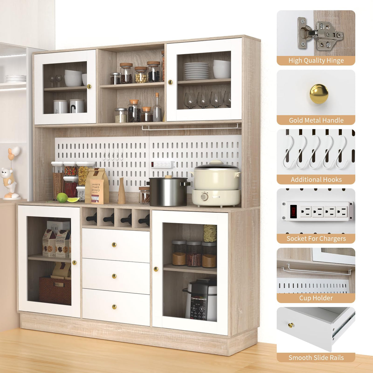 VOWNER Pantry Cabinet, Kitchen Storage Cabinet, Freestanding Buffet Hutch with Pegboard, Cup Holder, Power Outlet, 4 Doors & 3 Drawers, Cupboard with Microwave Shelf & Wine Racks (White and Oak Color) VOWNER