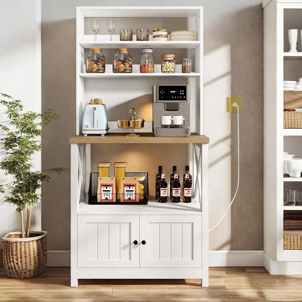 DWVO White Baker Rack with Power Outlet and Storage, Farmhouse Microwave Stand with Door for Kitchen, 5-Tiers Tall Coffee Bar Station Cabinet Thickened Counter with Hutch Shelves DWVO