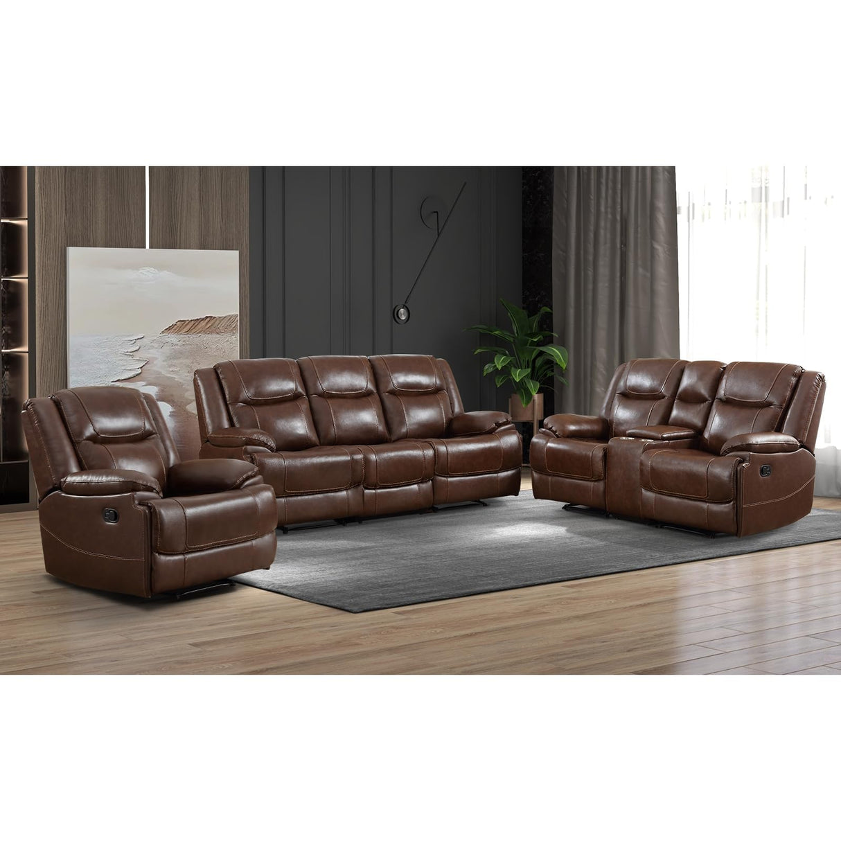 EBELLO Genuine Leather Manual Recliner Sofa Set, 1 Seat Reclining Chair, a Loveseat, a 3 Seater Sofa with Storage Cup Holders, Modern Durable Home Furniture Set for Living Room, Vintage Brown EBELLO