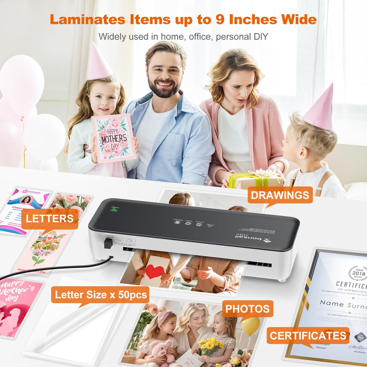 Bonsaii Laminator Machine, 9 Inch Laminators Machine with 50 Laminating Sheets, Laminator with Never Jam Technology for Doc/Posters/Photo, Simple Convenient for Home, Office and School - L418-C Grey bonsaii