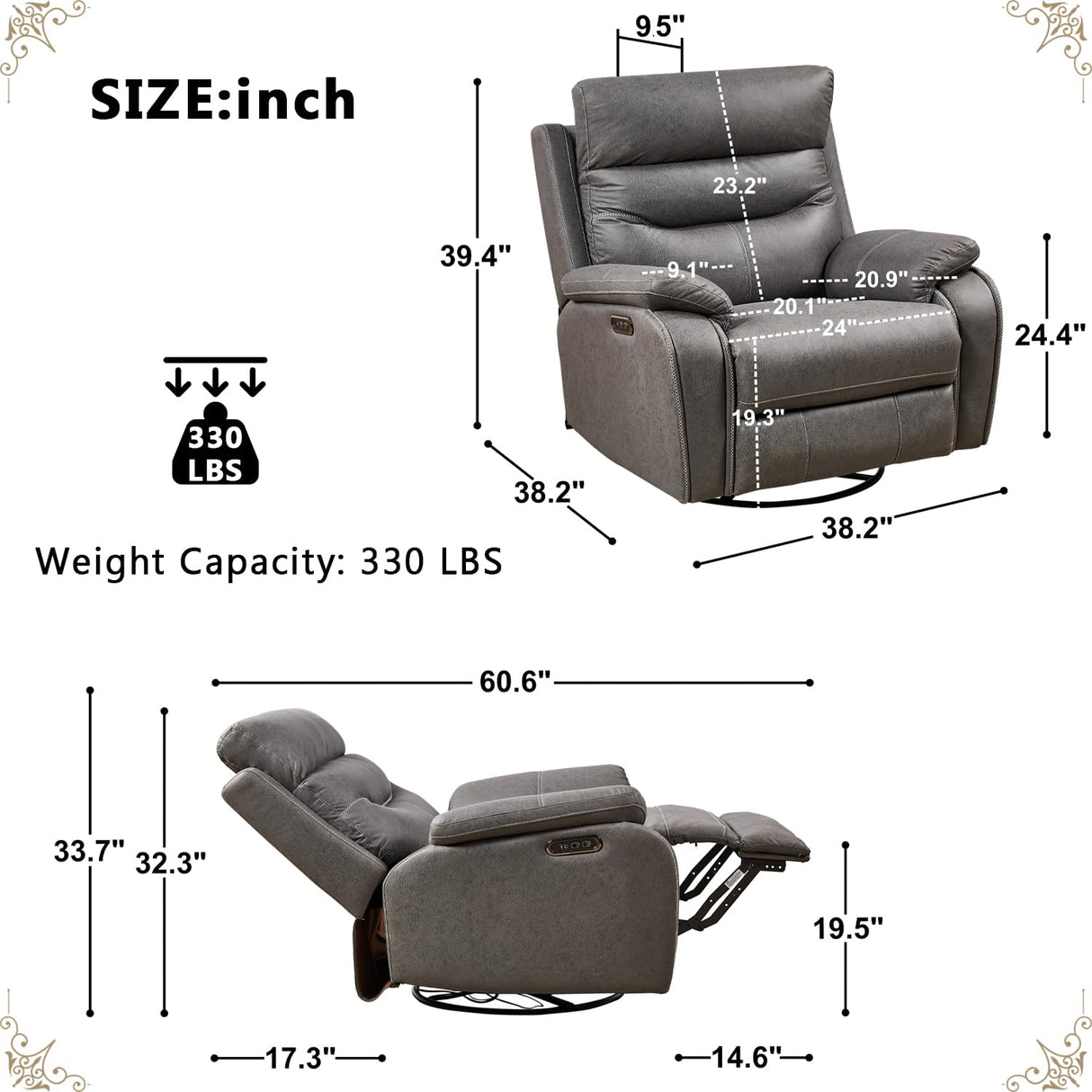 Power Swivel Recliner Chair, 270° Swivel Recliner Glider Rocker for Adults with Dual Motor, One-Key Reset Button, Electrical Adjustable Headrest and USB Ports for Living Room, Grey YiMiYom
