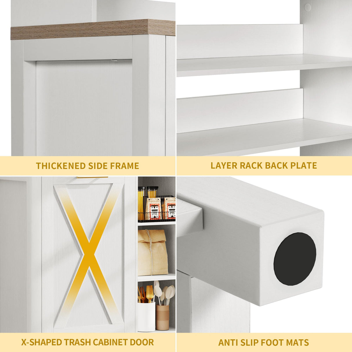 DWVO Bakers Rack Microwave Stand Cabinet with Trash Can Bin Cabinet and Power Outlet 6-Tiers Farmhouse Kitchen Tall Thickened Coffee Bar Table Station with Storage Shelf, White DWVO