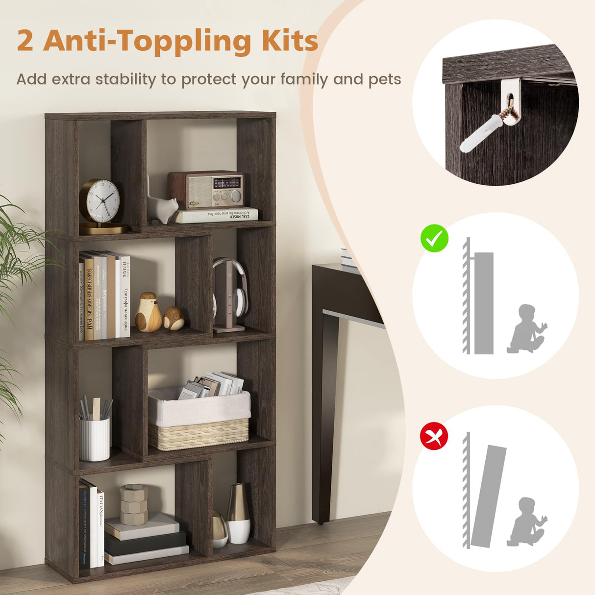 Giantex 8-Cube Geometric Bookshelf, 4-Tier High Bookcase, 48" Modern Storage Organizer, Floor Standing Open Display Shelving, Wooden Storage Cabinet for Living Room, Bedroom, Study, Gray Giantex