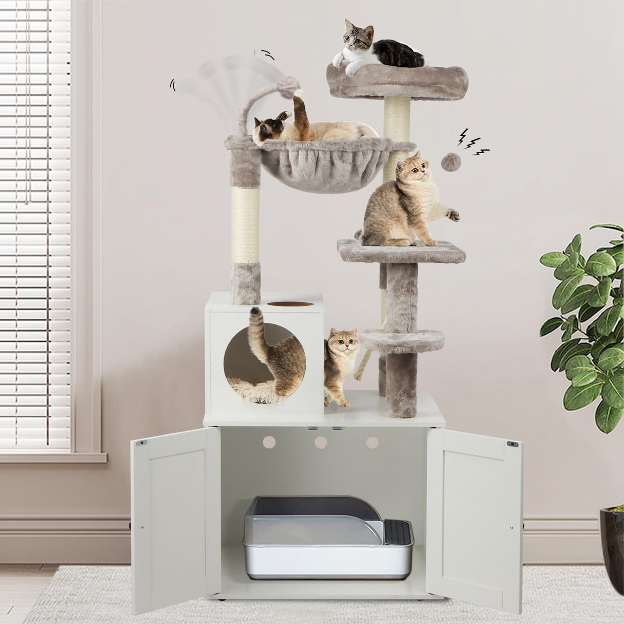 Timberer Cat Tree with Litter Box Enclosure, 2-in-1 Cat Tower for Indoor Cats, Large Cat Furniture, Wood Cat Condo with Basket, Scratching Posts, Pompoms, White Timberer