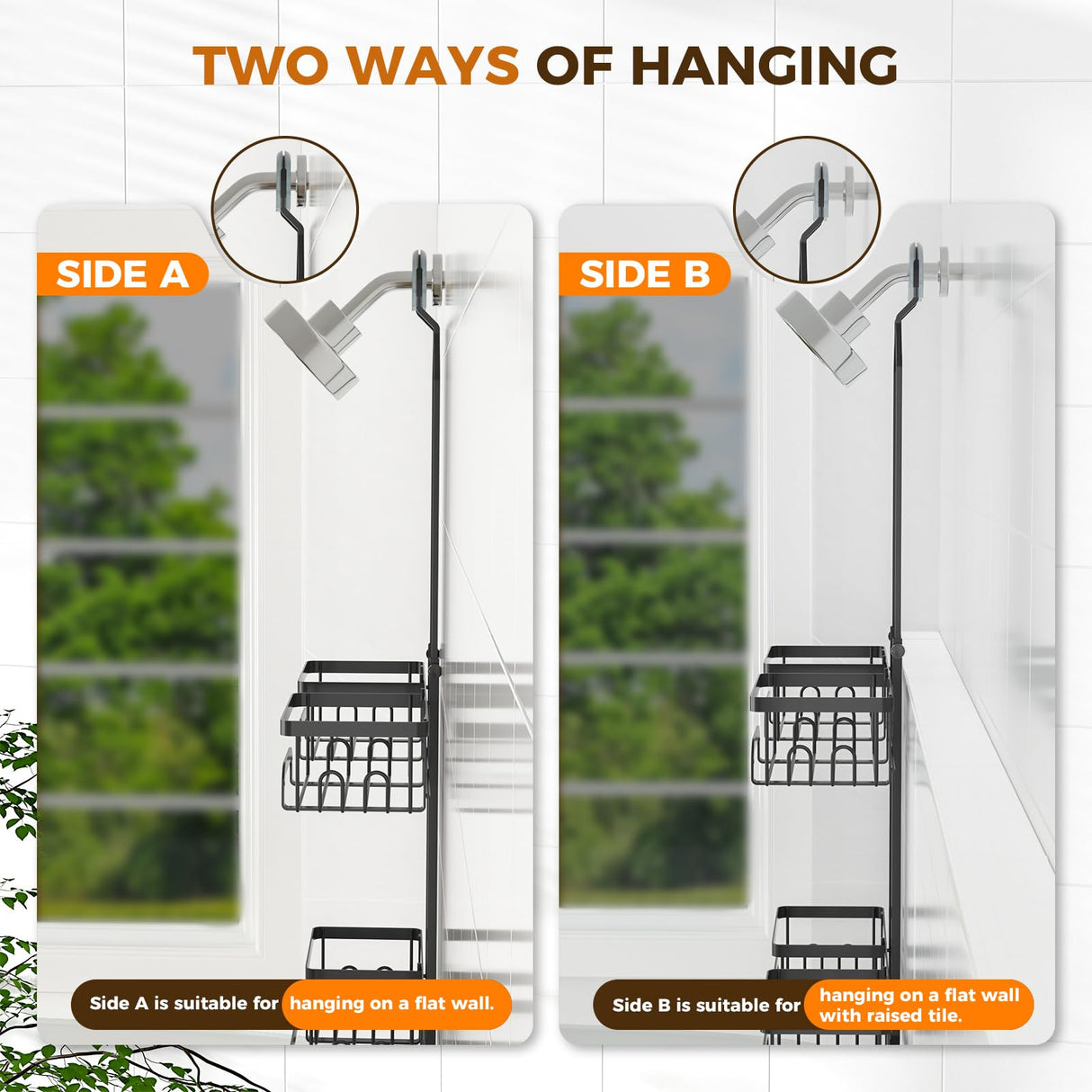 REINHARDT Shower Caddy Hanging for Handheld Showerheads Adjustable Split Shower Caddy, Rustproof Shower Organizer with Hooks for Razors Over the Head Caddy with Soap Holder Bathroom Accessories, Black REINHARDT