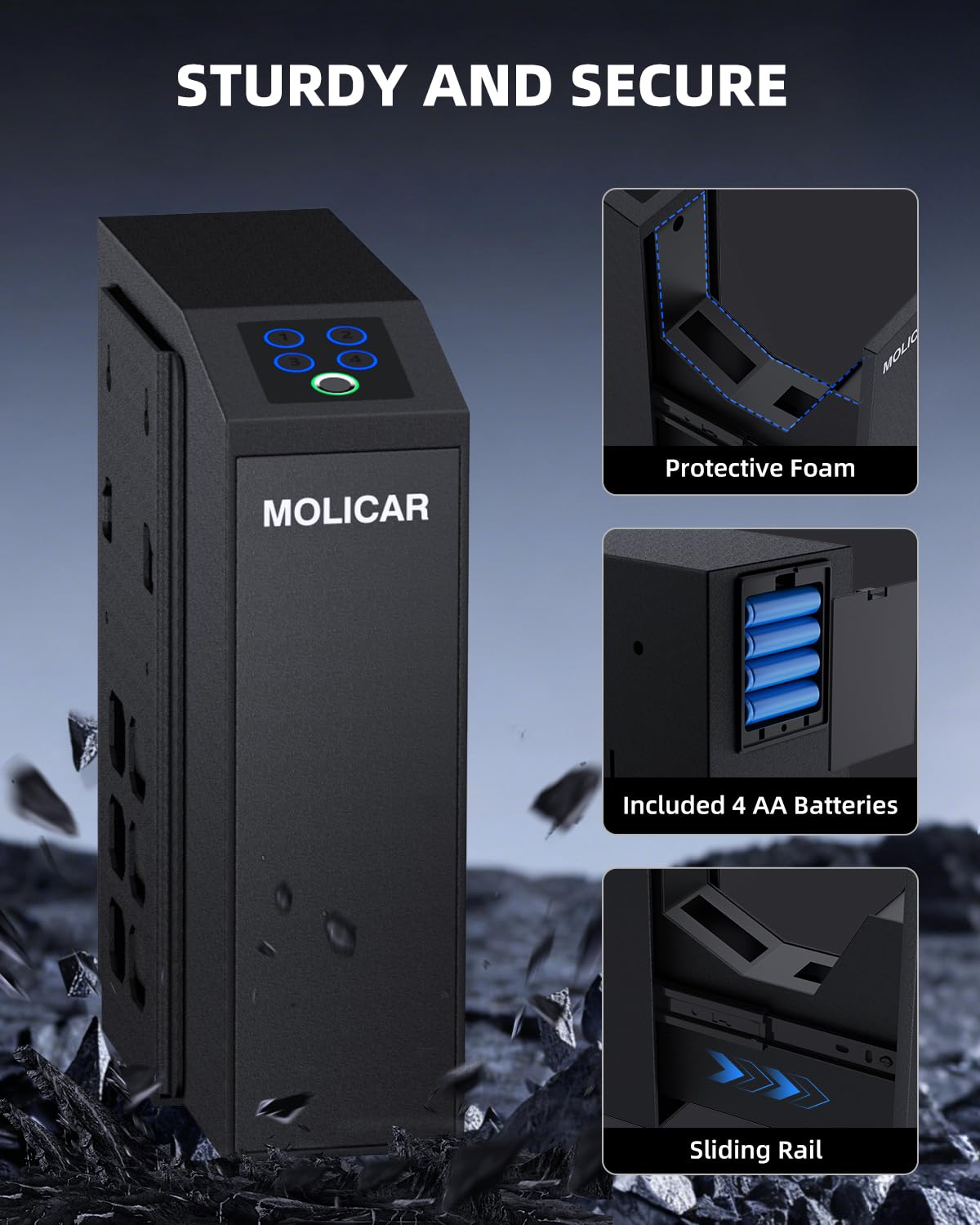 Biometric Gun Safe for Handgun Fingerprint 3 Ways Quick Access Slider Pistol Safe, Mounted Bedside Gun Lock Box for Nightstand, Bed, Desk, Wall, Dresser MOLICAR