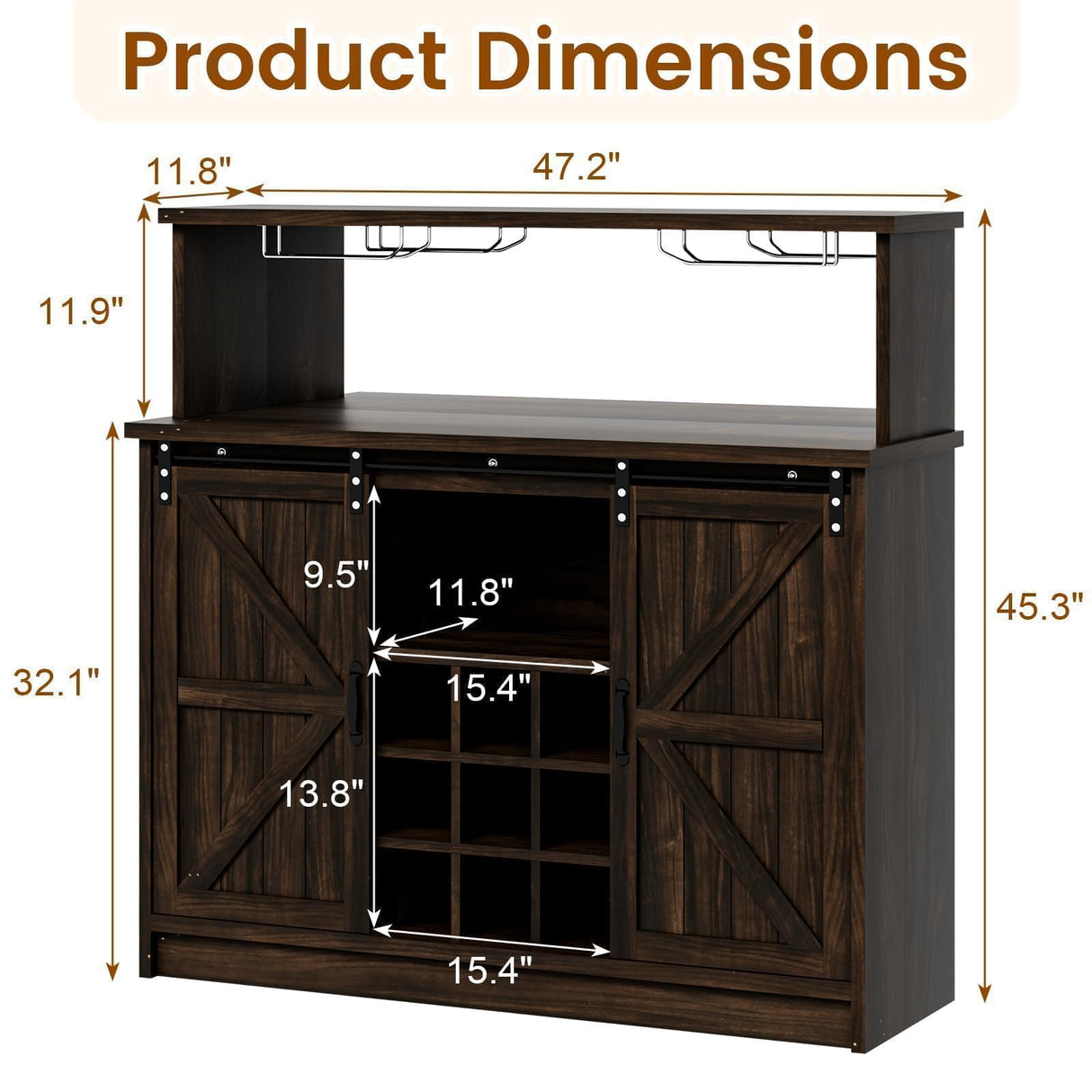 4ever2buy Farmhouse Wine Bar Cabinet with LED Light & Mirror, 47” Buffet Sideboard with 4 Glass Hooks & 9 Wine Racks, Coffee Bar Cabinet with Sliding Barn Door for Kitchen Dining Living Room, Brown 4ever2buy