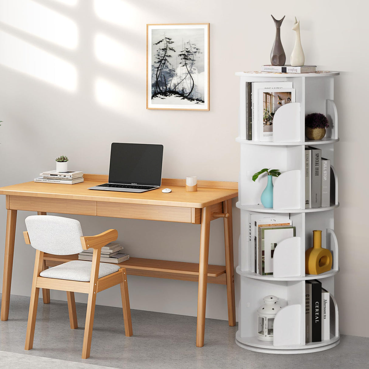 Rengue Rotating Bookshelf Tower, 4 Tiers 360 Spinning Bookshelf Revolving Bookcase Corner Bookshelf Organizer Display Bookshelf for Small Space, Bedroom, Living Room, Office, White Rengue