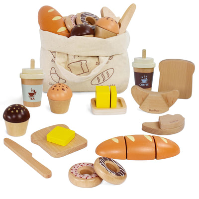 PairPear Wooden Bakery Toy Food Playset,Kids Pretend Play Food Kitchen Accessories with Shopping Bag,Toddlers Cutting Food Gift for Boys and Girls 3 Years and Up
