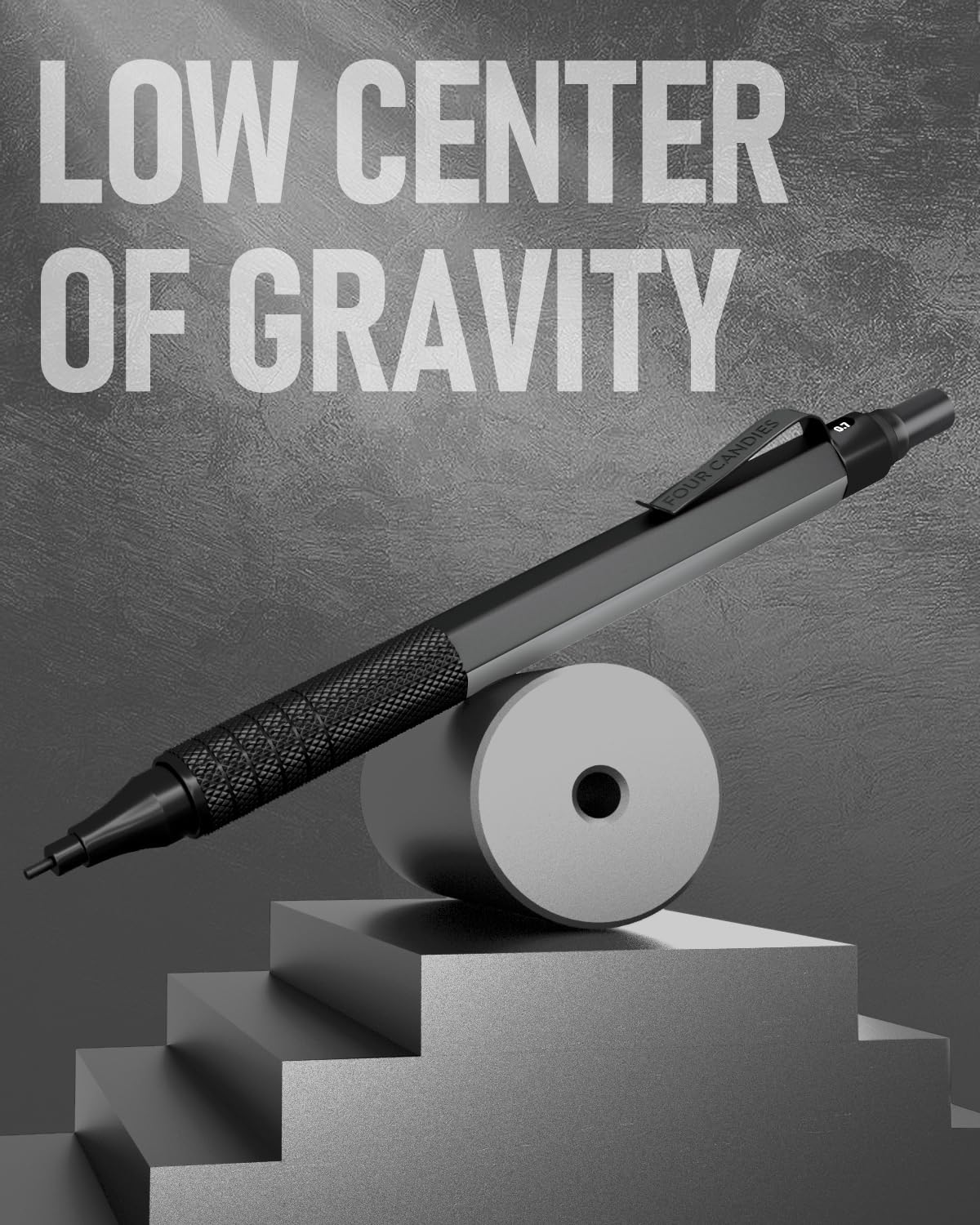 Four Candies Mechanical Graphite Pencil Set, 3pcs Black Metal Pencils with Anti-Skid Grip, Ideal for Artists, Professionals, Teachers and Students Four Candies