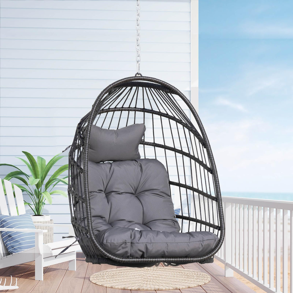 Nicesoul Patio Hanging Egg Chair No Stand, Foldable Ceiling Egg Basket Chairs Without Stand Indoor Outdoor, 350lbs Egg Shell Swing Hammock Chair with Cushion for Backyard, Balcony, Outside, Dark Grey NICESOUL