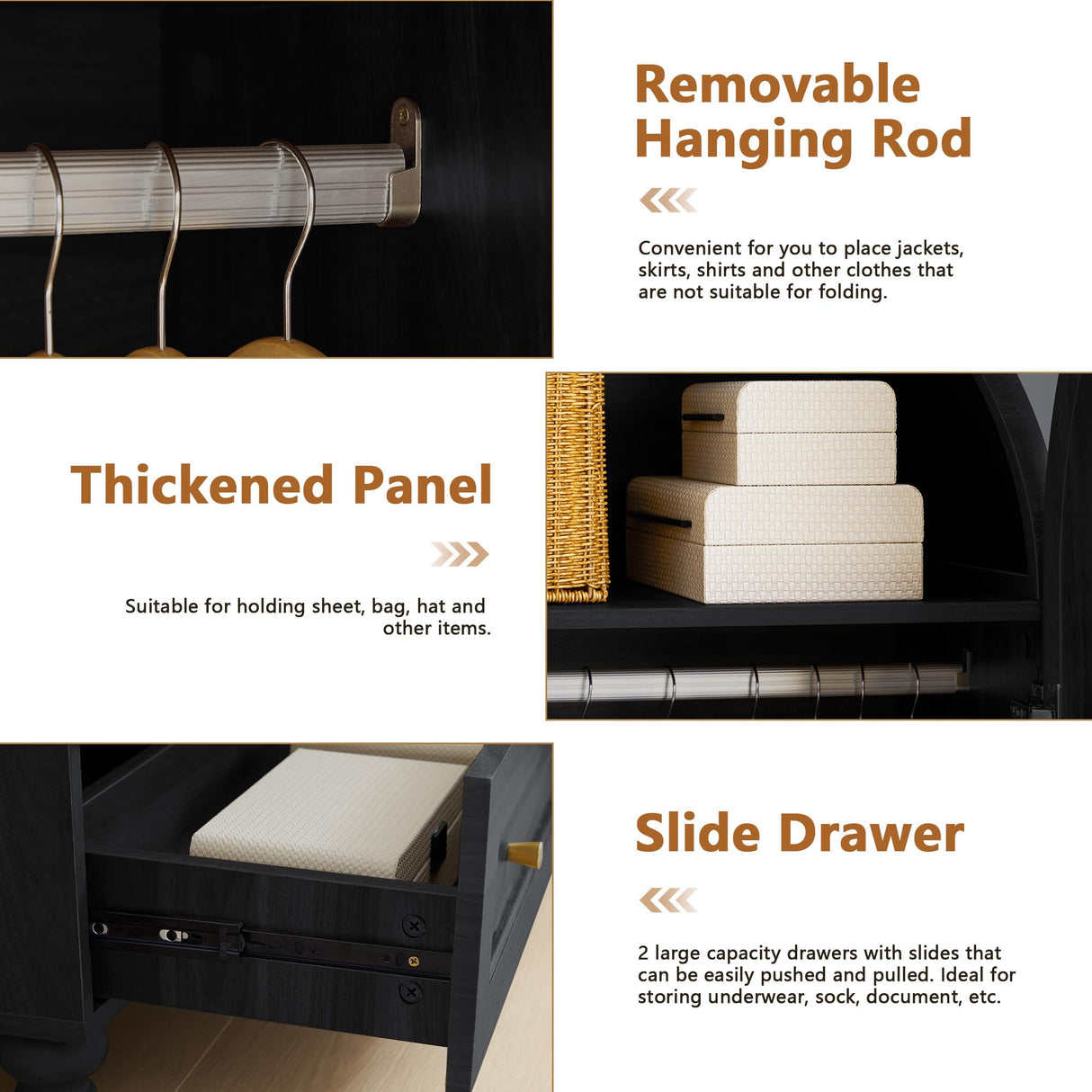 YUCHIATH Arched Armoire Wardrobe Closet with 2 Rattan Doors, Wooden Wardrobe Closet with 2 Drawers, 74.8 "H Bedroom Armoires with Hanging Rod (Black) YUCHIATH