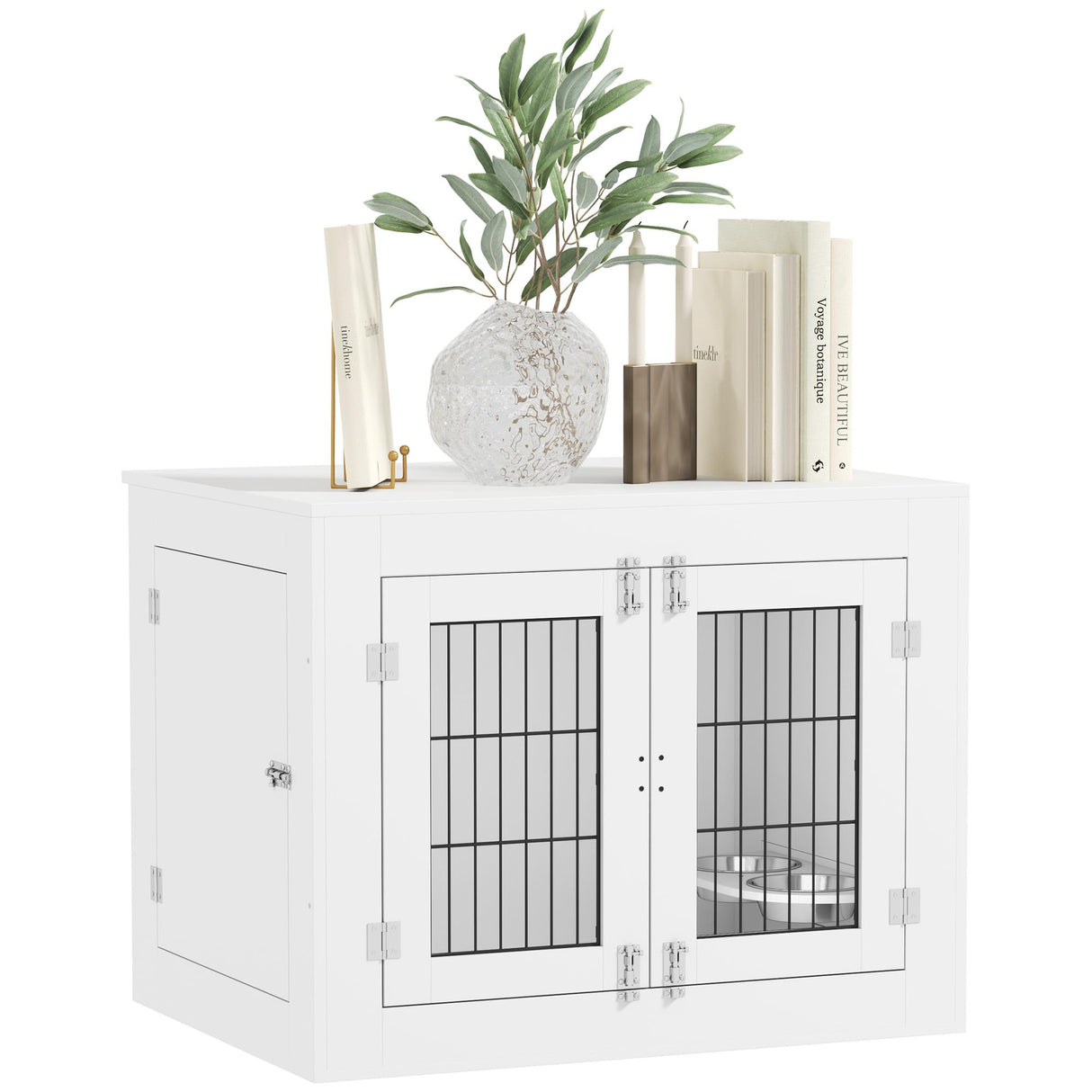 PawHut Dog Crate Furniture w/ 360° Rotatable Removable Dog Bowls, Dog Kennel Furniture w/Two Doors, Non-Slip Foot Pads, Furniture Dog Crate End Side Table for Medium Dogs, 31.5" x 24" x 25", White PawHut