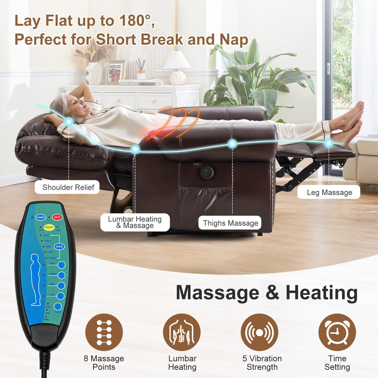 SELLERWE Lay Flat Dual Motor Power Lift Recliner Chair with Massage and Heat for Elderly, Breathable Leather Overstuffed Recliner Chairs, Infinite Position Lift Chairs for Sleeping,1PC,Brown SELLERWE