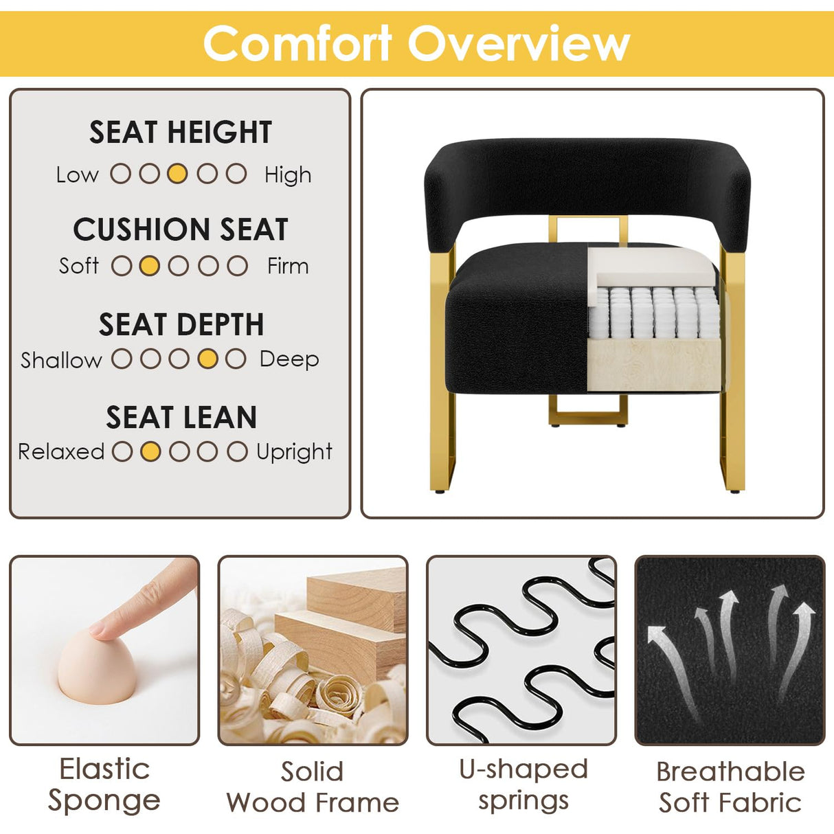 STHOUYN Modern Black and Gold Accent Chair Set of 2, Boucle Bucket Chairs Set of 2, Arm Chairs for Living Room Bedroom (2, Black) STHOUYN