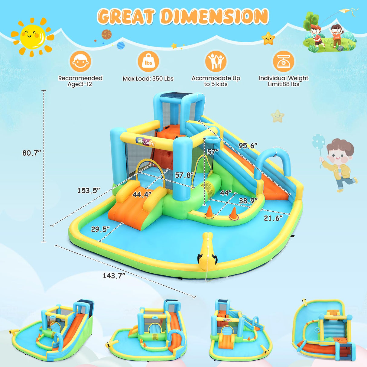 Whubefy 12.8x12Ft Large Waterslide Bounce House for Big Kids 3-10, 13-in-1 Inflatable Bounce House Water Slide with Splash Pool, Jump Bouncy Castle, Blow up Water Slides Park for Kids Backyard Party Whubefy