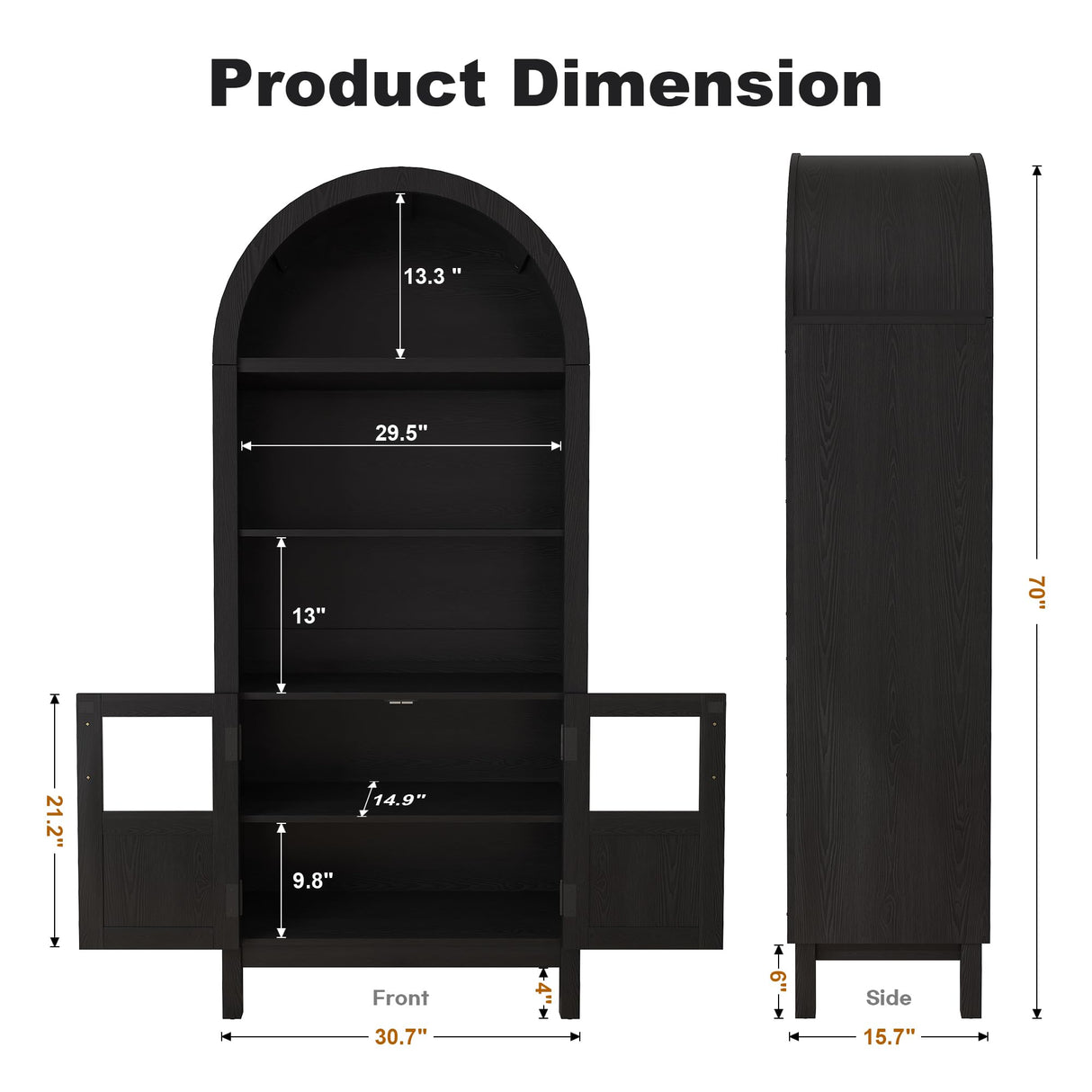 BOMETAO 70" Tall Arched Cabinet, 5-Tier Arch Bookshelf Bookcase with Open & Adjustable Shelves, Glass Door & Metal Handle, Pantry Display Storage Cabinets Cupboard for Kitchen, Living Room, Black BOMETAO
