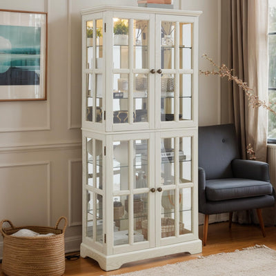 Eyisean 69" H Lighted Curio Display Cabinet, Glass Display Cabinet with 4 Glass Doors and Adjustable Shelves for Collectibles, Light Bulb Included, Vintage Showcase for Home Office Display (White)