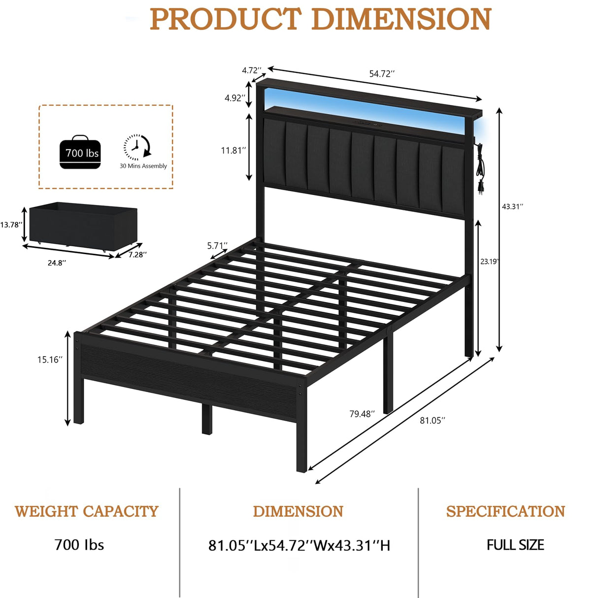 Furnulem Full Size Bed Frame with Charging Station and LED Lights, Grey Upholstered Headboard with Shelves, Metal Platform Bed with 2 Under-Bed Storage (Fabric Drawer on Wheels), No Box Spring Needed Furnulem