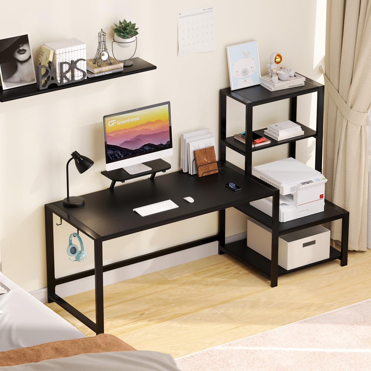 GreenForest Computer Desk 67 inch with Storage Printer Shelf, Reversible Gaming Home Office Desk Large Study Writing Table with Movable Monitor Stand and 2 Headphone Hooks for PC Working, Black GreenForest