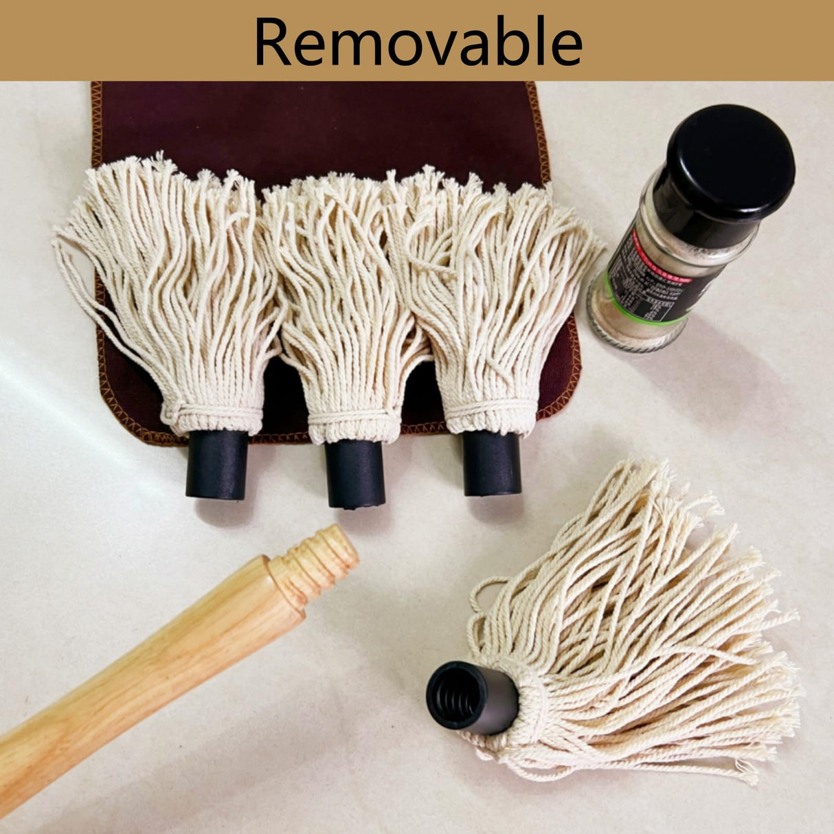 SWJLR 18.3" Removable Rubberwood Long Handle BBQ Mop 4 Pcs Pure Cotton Replacement Brush Heads 2 Pcs Food Grade Bristle BBQ Brush for Sauce Suitable for Grilling and Smoking Steaks SWJLR