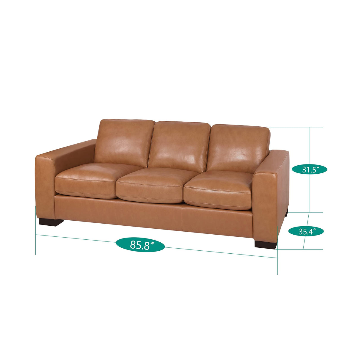 Naomi Home Freya Genuine Leather Sofa - Luxurious Comfort, Goose Feather Cushion Filling, Square Arm Design, Sturdy Block Legs, Elegant Tan - Ideal for Living Room, Office, or Bedroom Naomi Home