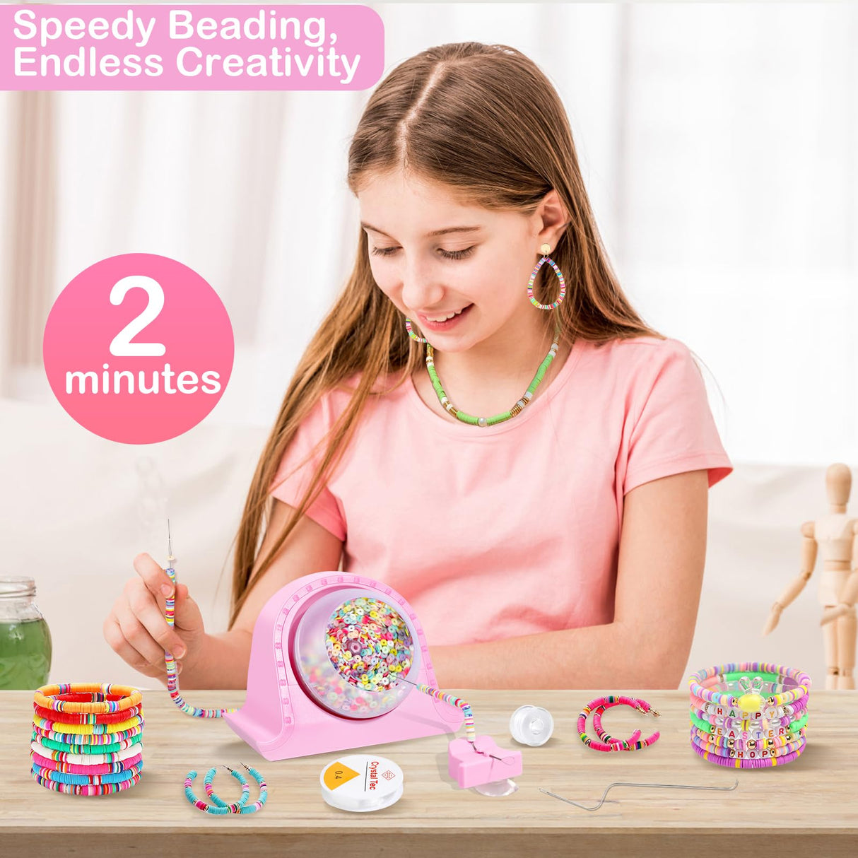 Hicdaw Electric Bead Spinner Kit - Clay Bead Spinner with 2 Needles for Crafting - Bracelet & Necklace Maker, Pink Hicdaw