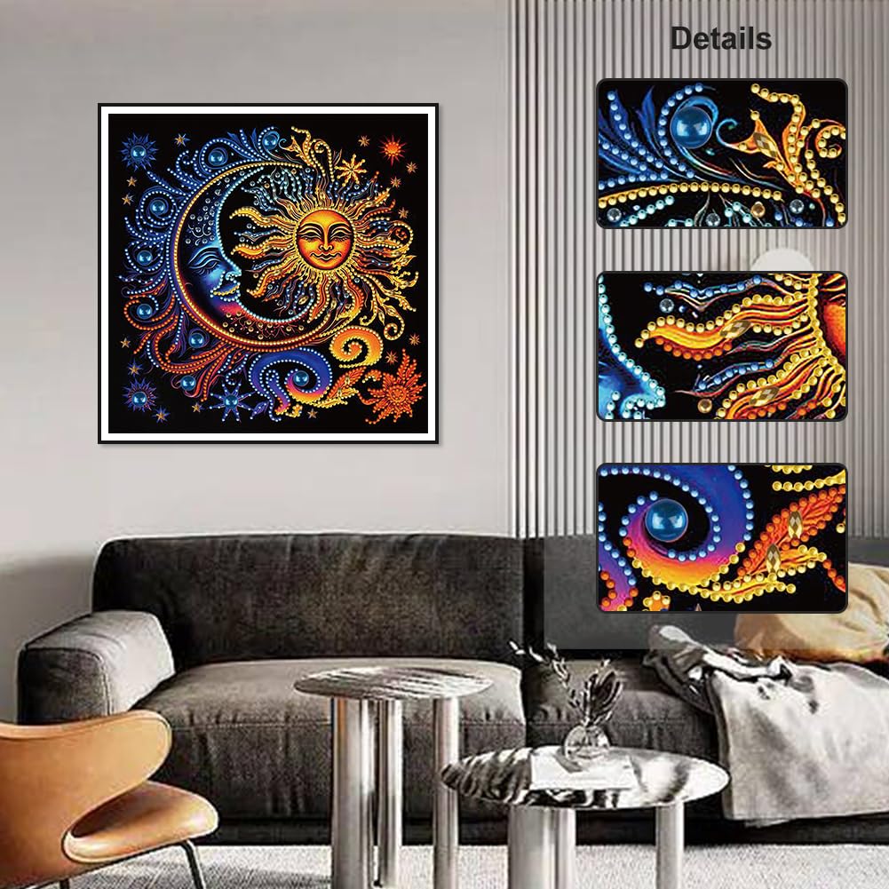 Stalente Diamond Painting Kits for Adults, 5D Special Shape Diamond Art Kits for Beginners, Crystal Rhinestones Diamond Painting for Home Wall Decoration Gift 12×12inch, Sun and Moon Stalente