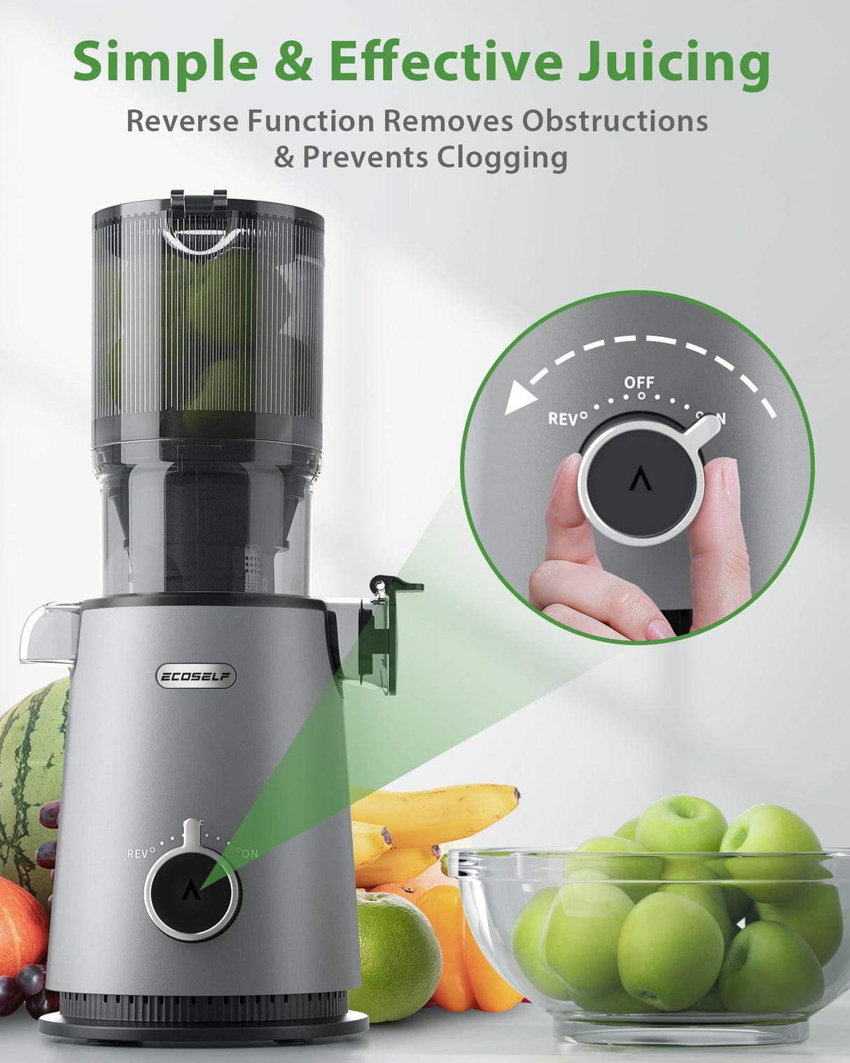 Cold Press Juicer, ECOSELF Slow Masticating Juicer with 4.35" Large Feed Chute Fit Whole Fruits & Vegetables, Self Feeding for Juice Extractor Machine, Easy to Clean and Assemble, High Juice Yield ECOSELF