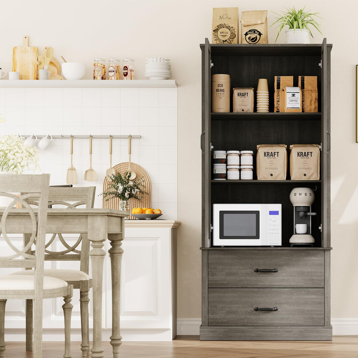 FinerFurnis Kitchen Pantry Storage Cabinet, 65" Tall Food Pantry Cabinet with 3 Storage Shelves and 2 Large Drawers, Farmhouse Kitchen Cupboard for Living Room, Dining Room, Grey FinerFurnis