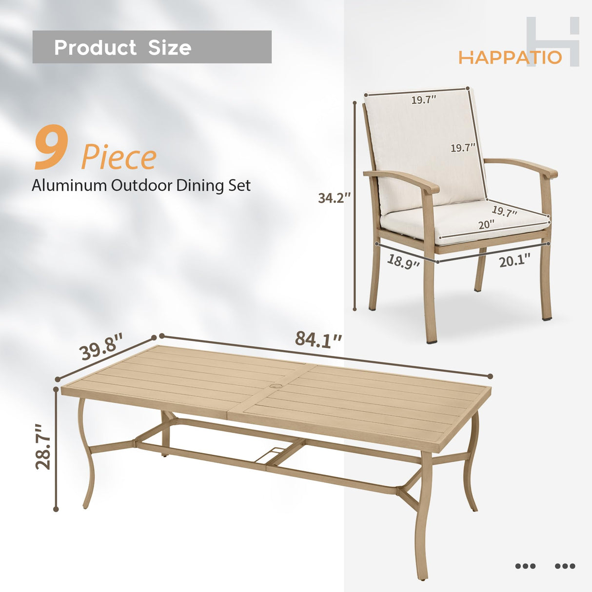 HAPPATIO Aluminum 9 Piece Patio Dining Set - Aluminum Outdoor Dining Set for 8, Patio Dining Table and Chairs Set, Patio Furniture with Table and Chairs (Beige) HAPPATIO