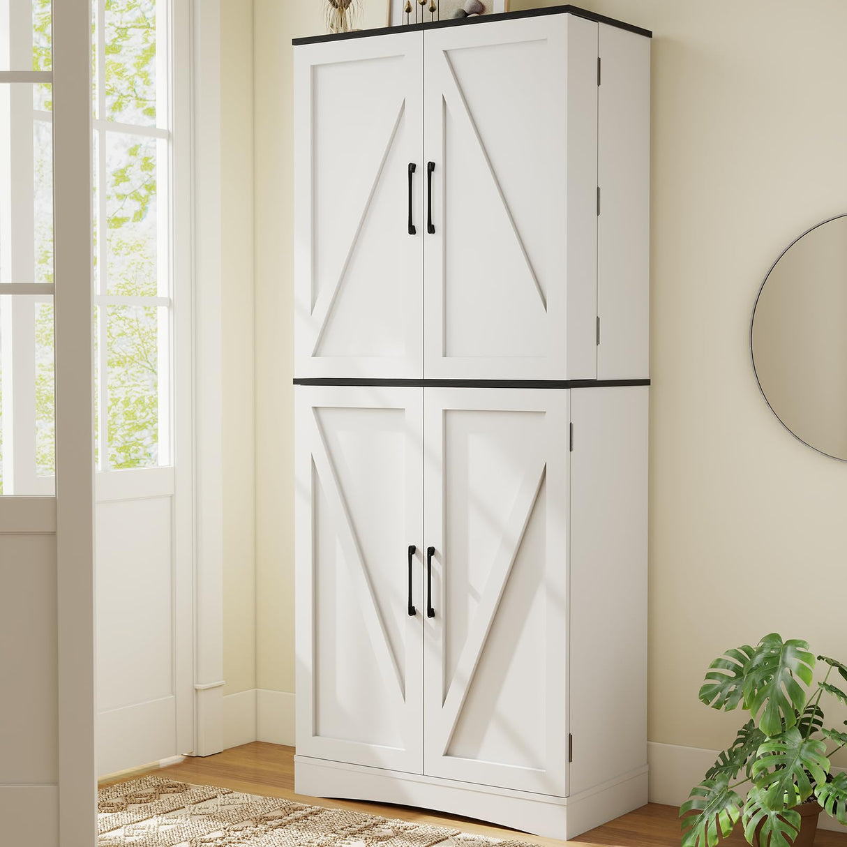 BREEZEHEAT 72" Tall Kitchen Pantry Cabinet, White Freestanding Farmhouse Pantry Storage Cabinet with 180° Swivel Doors, Adjustable Shelves & Drawer, Hutch Cabinet for Kitchen, Dining Room or Bathroom BREEZEHEAT