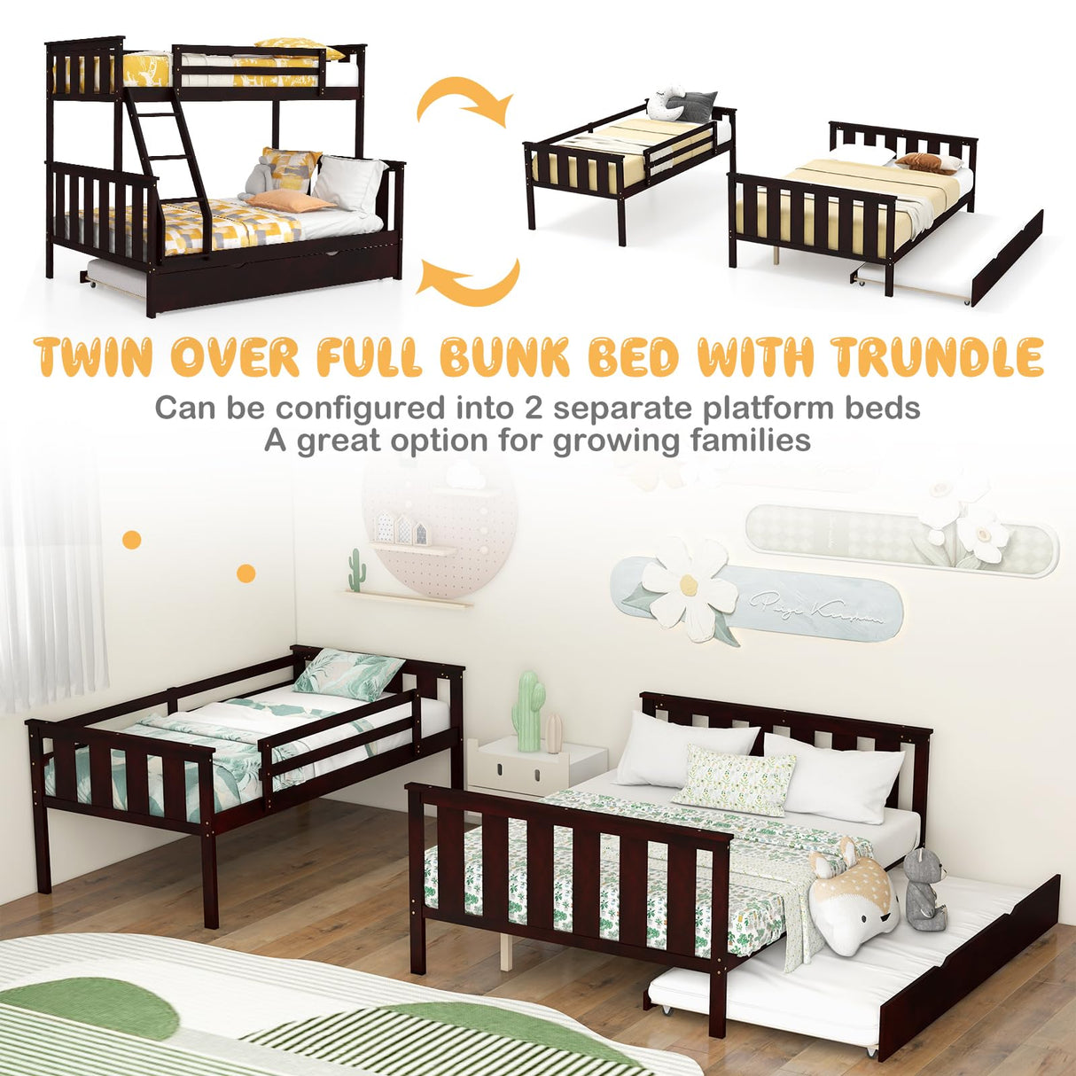 KOMFOTT Espresso Wood Twin Over Full Bunk Bed with Trundle, 250/400 lbs Capacity, Solid Pine Frame, Convertible to 2 Separate Beds, No Box Spring Needed KOMFOTT
