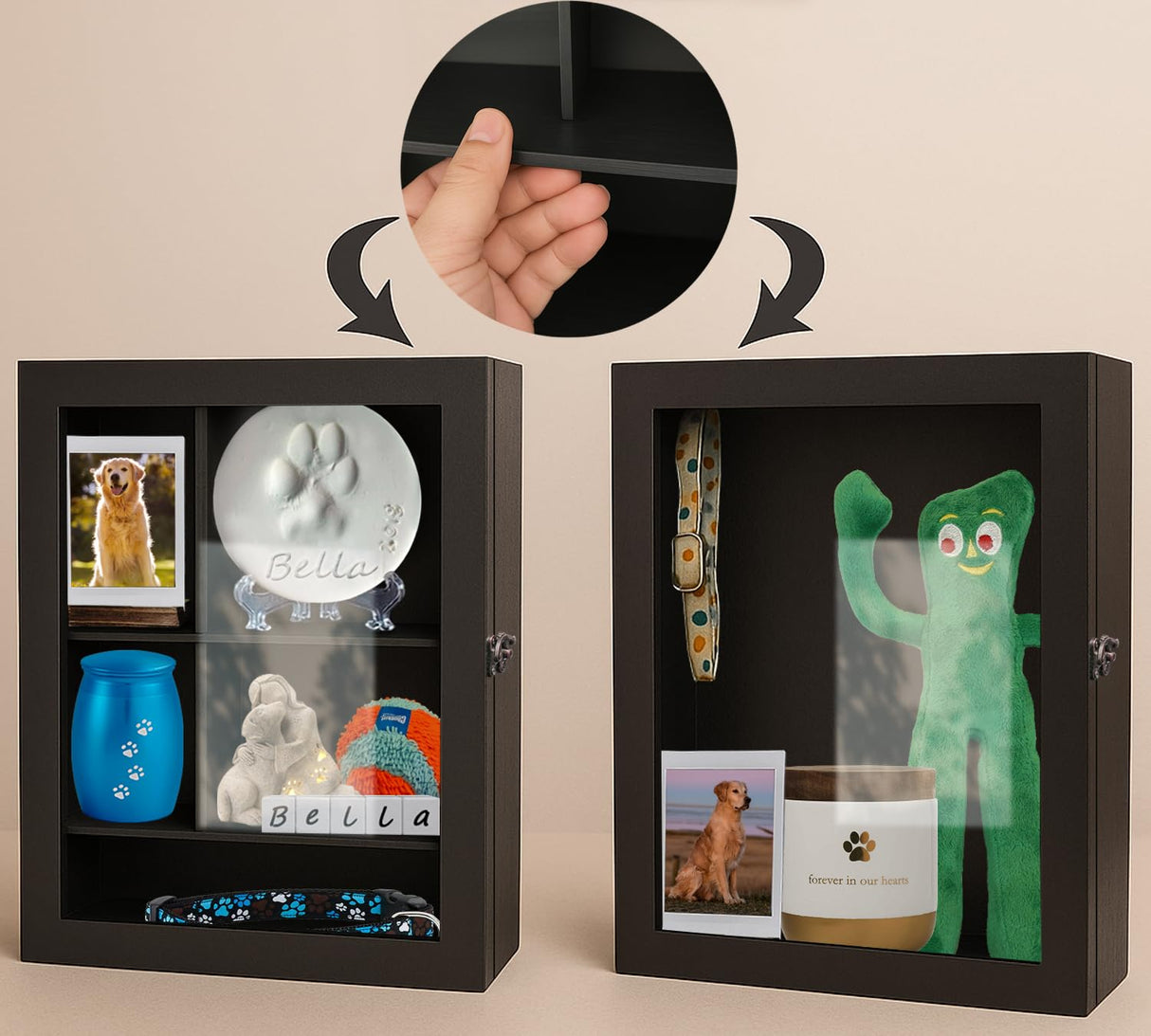 Sofunii Pet Memorial Shadow Box with Shelves,12 * 16 Inch Memory Deep Display Case,Personalized Keepsake for Dog & Cat Lovers, Pet Remembrance Loss Sympathy Gift - Black Sofunii