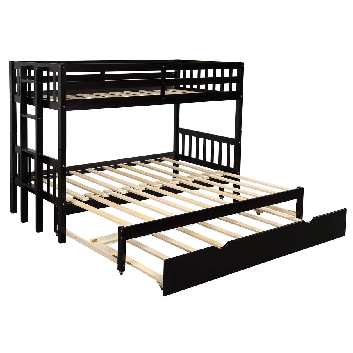 KLMM Twin Over Pull-Out Bunk Bed with Trundle, Wooden Twin Over Twin/Full/Queen/King Bunk Bed, Accommodate 4 People Extendable Bunk Beds with Ladder and Safety Rail (Espresso) KLMM