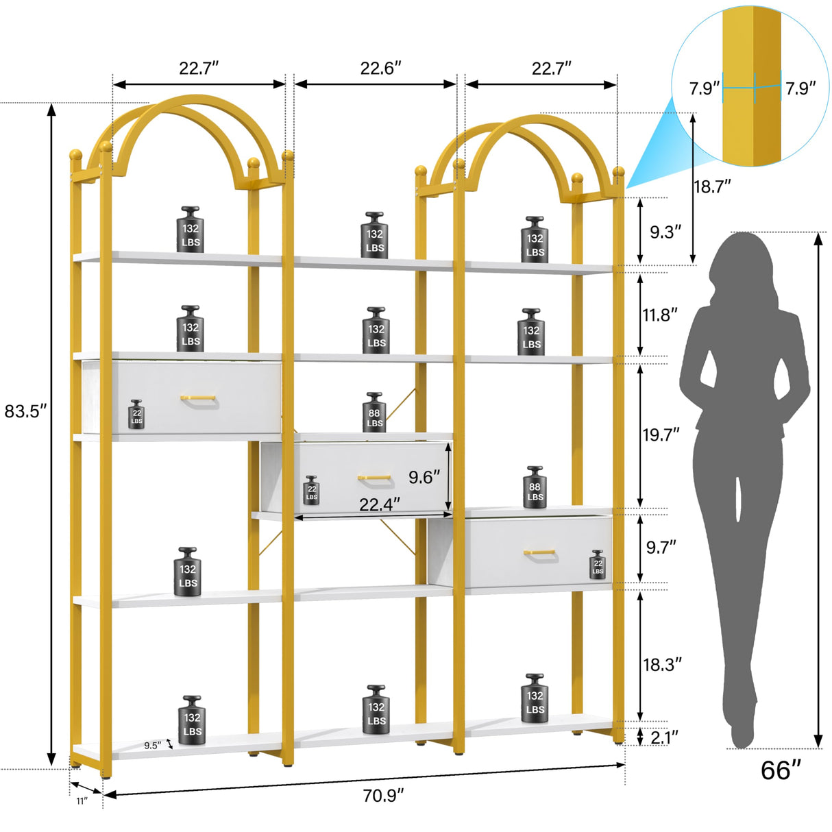 Nosepen 83.5" Tall Arched Bookshelf with 3 Drawers and 13 Storage Shelves, Industrial Open Book Shelf with Display Shelves, Large Etagere Bookshelf, Triple Wide Book Case for Home & Office, Gold Nosepen