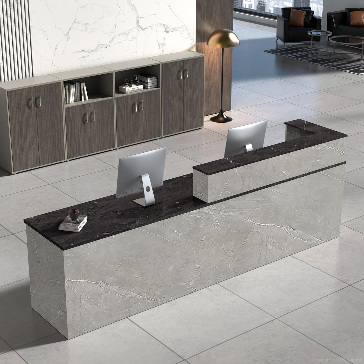 Nuipesn L Shape Reception Desk with Counter, Modern Front Desk Reception Counter with Keyboard Tray, Lockable Drawer and Storage Shelves for Office, Retail, Salon (Gray+Black/Left, 79" L*24" W*39" H) Nuipesn