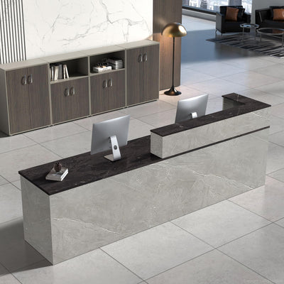 Nuipesn L Shape Reception Desk with Counter, Modern Front Desk Reception Counter with Keyboard Tray, Lockable Drawer and Storage Shelves for Office, Retail, Salon (Gray+Black/Left, 79" L*24" W*39" H)