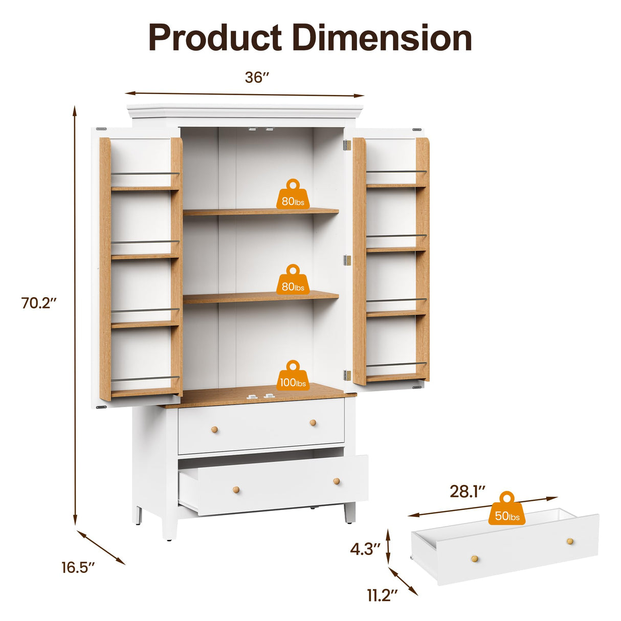 RoyalCraft 70'' Tall Kitchen Pantry Cabinet, Large Storage Cabinet with 8 Door Shelves, White Kitchen Cabinet with 2 Drawers & Adjustable Shelves for Dining Room, Living Room, Laundry RoyalCraft