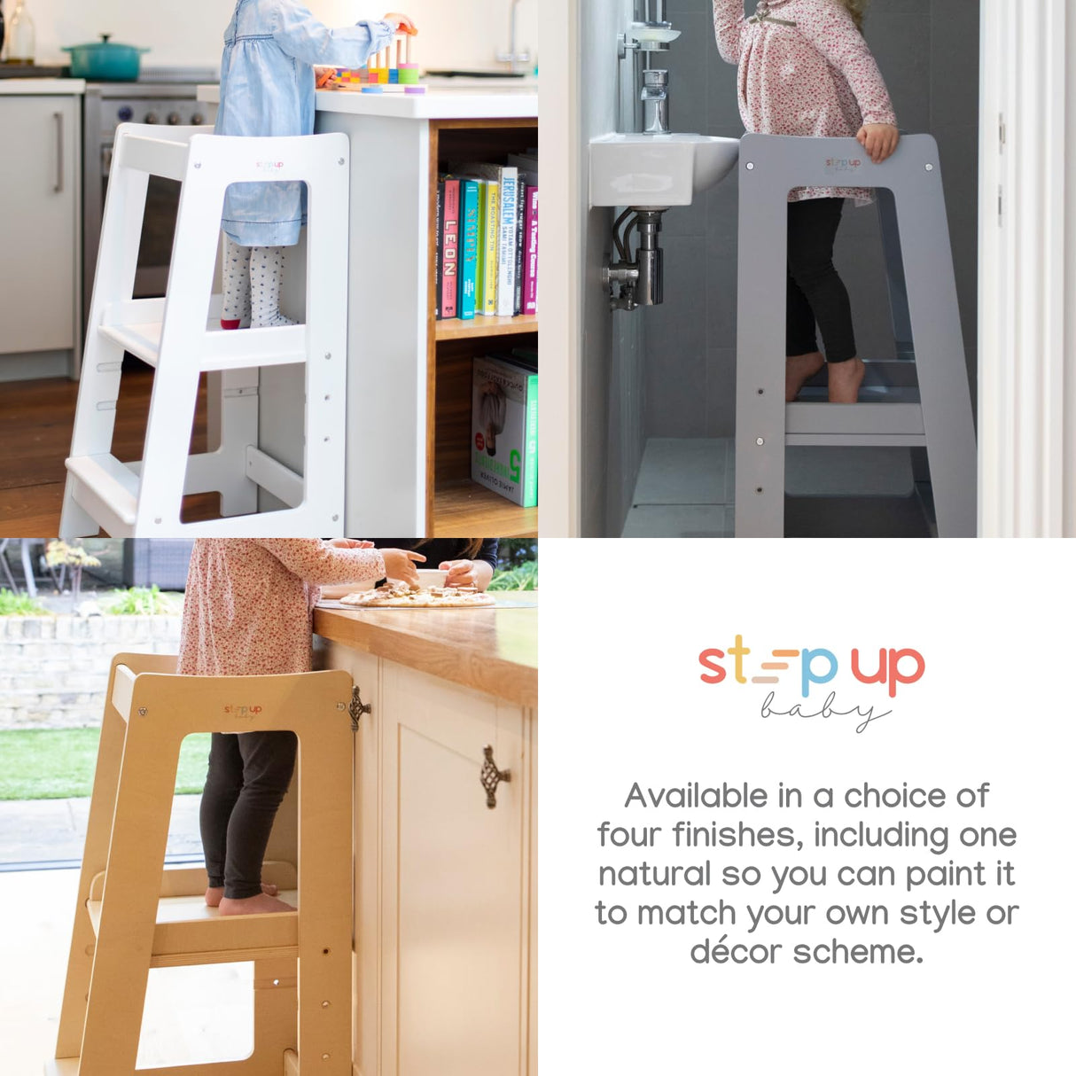 Stepup Baby Toddler Tower Step High Chair | Montessori Inspired | Kitchen Wooden Step Stool for Preschool Kids | Adjustable for 18 Month - 5 Years | Includes Safety Rail (Natural Wood) Stepup Baby