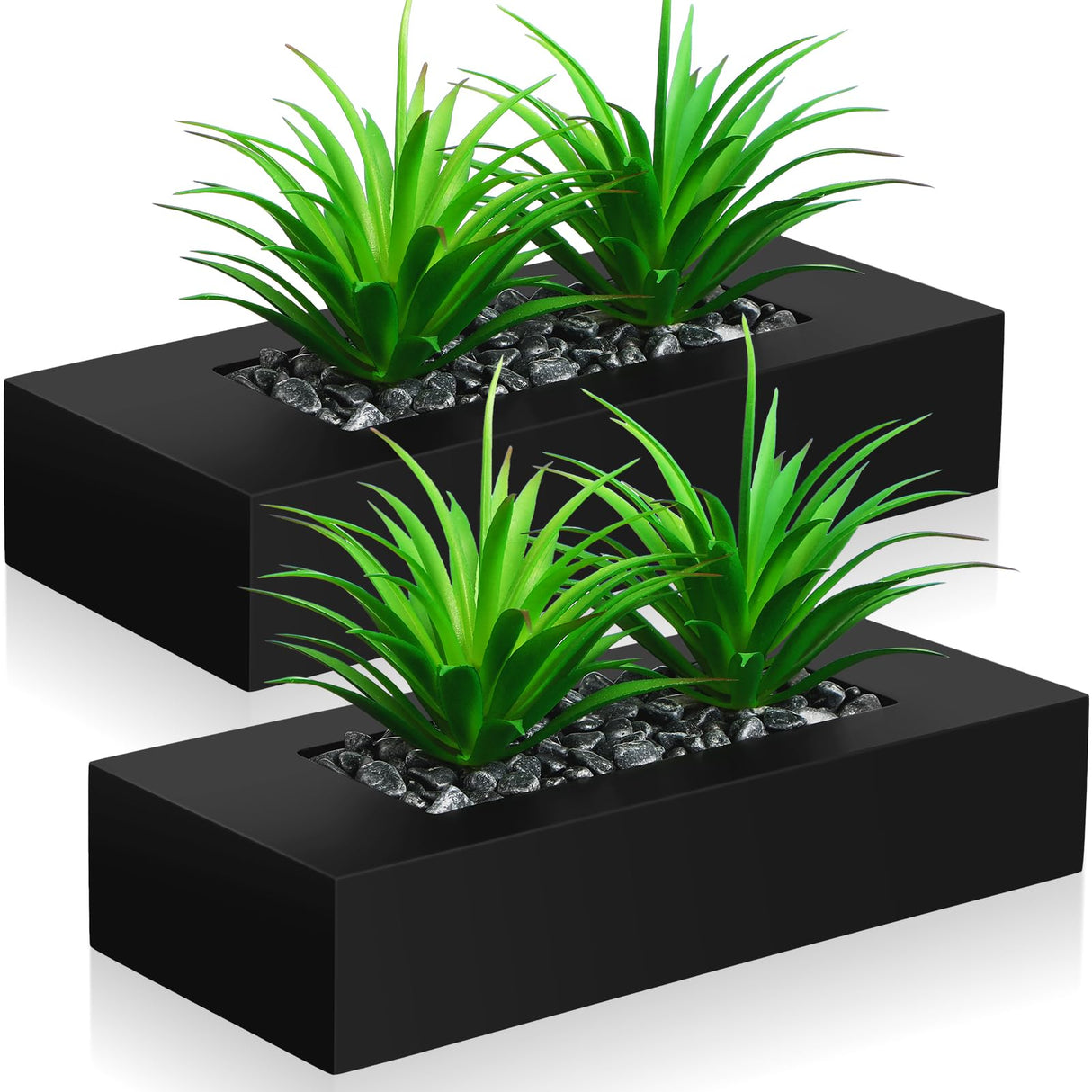 Hotop 2 Pcs Artificial Green Grass Plants in Wood Decorative Planter Pot Wooden Faux Greenery Rectangle Box Table Plant for Tabletop Centerpiece Indoor Decor(9.5 Inch,Black) Hotop