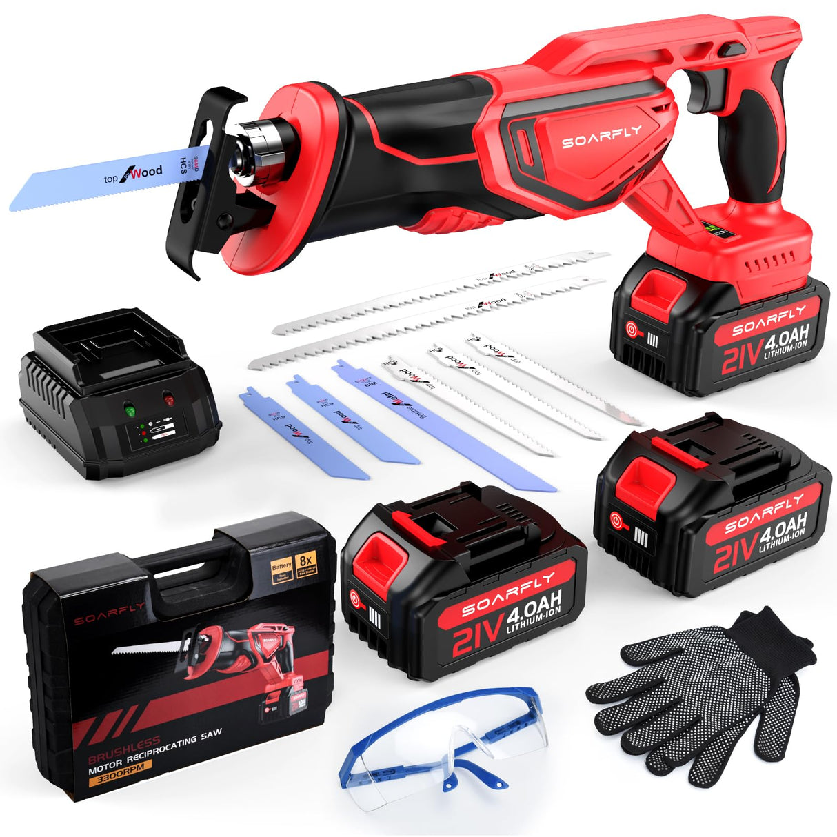 Reciprocating Saw Cordless - Upgraded Powerful Brushless Motor Cordless Saw, 3500 SPM, 21V with 2 x 4.0Ah Battery, 8 High-Performance Blades for Superior Cutting in Wood/Metal/PVC SOARFLY
