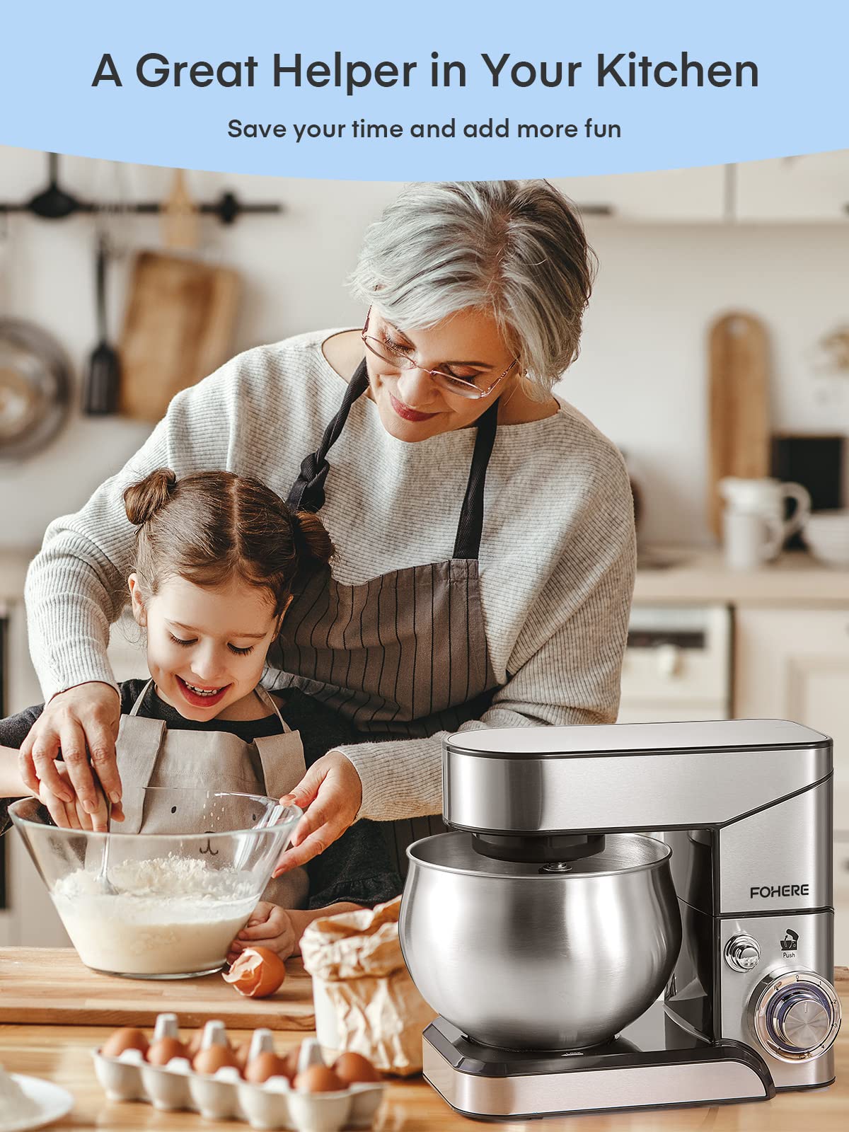 Stand Mixer FOHERE, 5.8 QT Stainless Steel Mixer with Dough Hook, Mixing Beater, Wire Whip, Dishwasher-safe, 6+P Speeds Tilt-Head Kitchen Dough Mixers for Cake, Electric Home Cooking Kitchen Mixer FOHERE