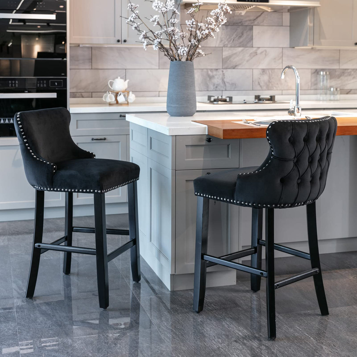 i-POOK Counter Height Bar Stools Set of 2, Velvet Upholstered Barstools with Solid Wood Legs, Button Tufted and Nailheads Trim, Wing-Back Bar Chairs for Kitchen Island Dining Room Pub, Black i-POOK