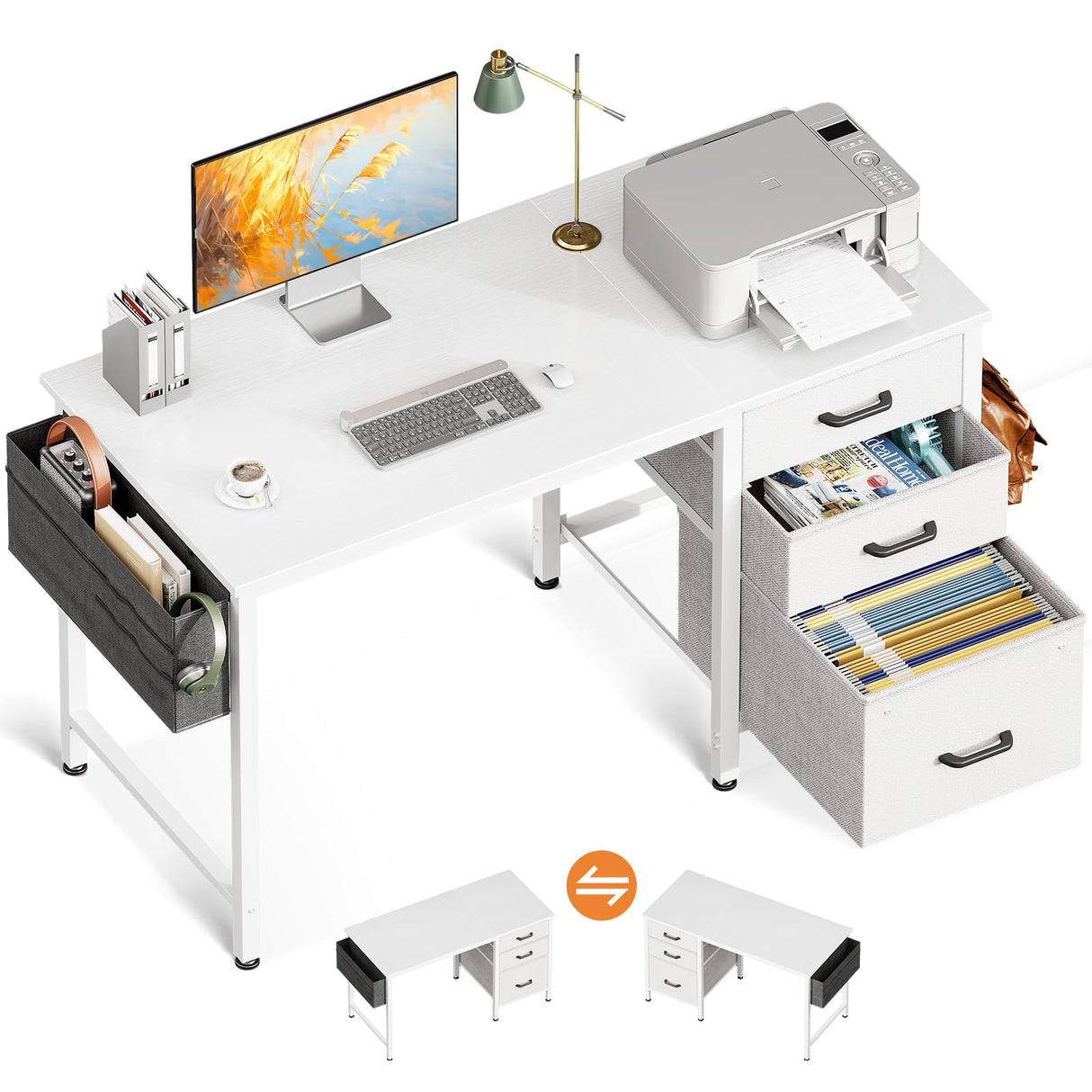 Casaottima 40-Inch Small Computer Desk with Fabric Drawers & File Cabinet, Home Office Desk with Cloth Storage Bag and Hook, Writing Study Work Table for Small Space, Vanity Desk for Bedroom, White Casaottima